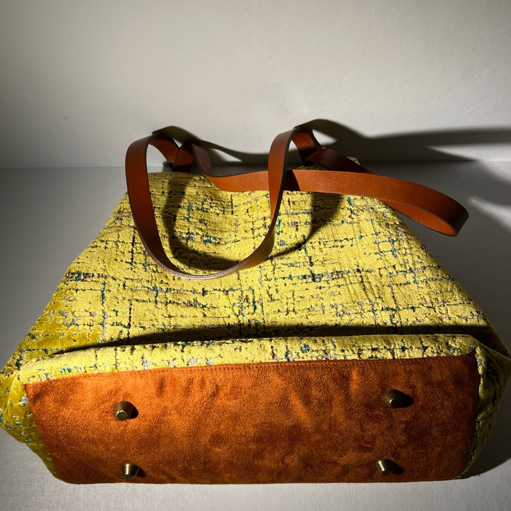 Atenti Gigi Aixa Yellow Cut Velvet Tote Bag Leather Handles Handmade - Picture 6 of 16